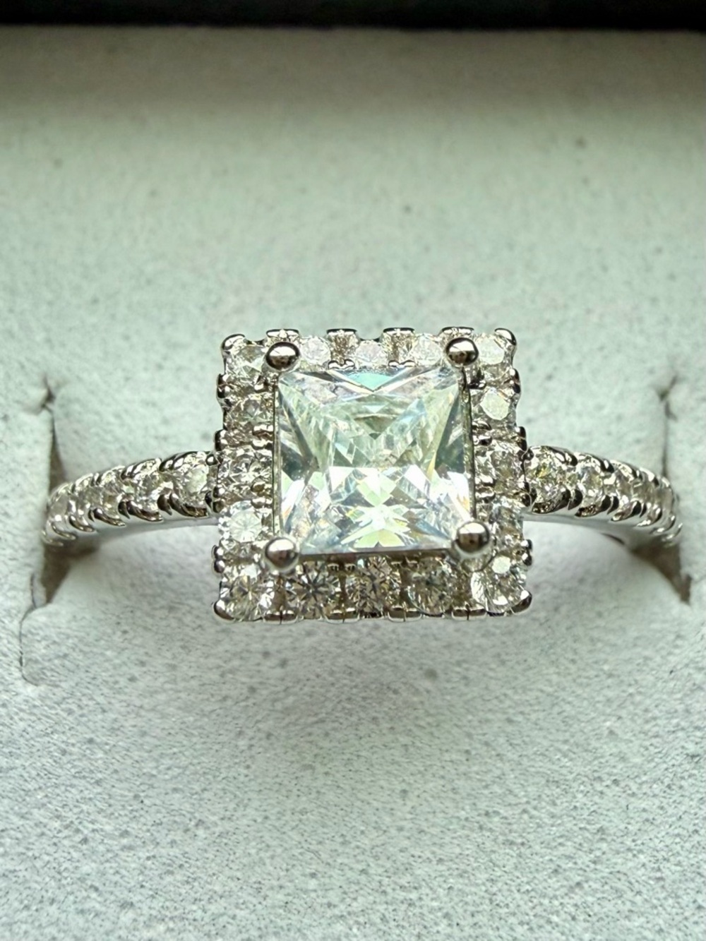 NEW! 14k White Gold Plated Square Halo White CZ Engagement Ring - size 7
